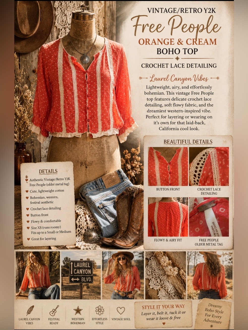 *Vintage/retro y2k -Free People- orange & cream boho top- crochet lace detailing